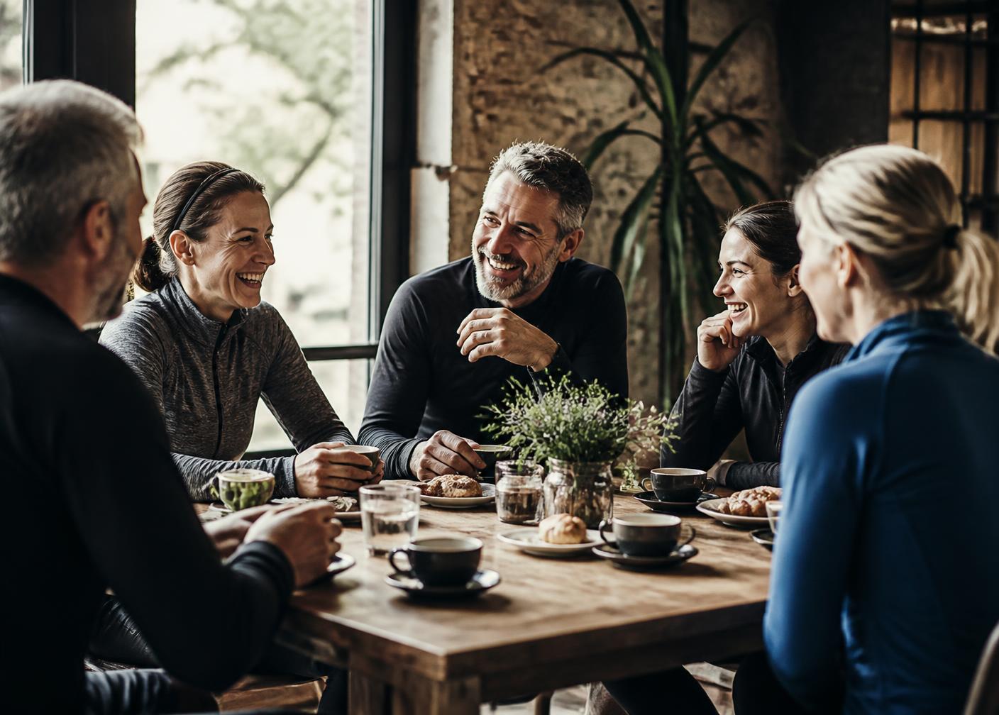 A group sitting around a table at a cafe after a training session