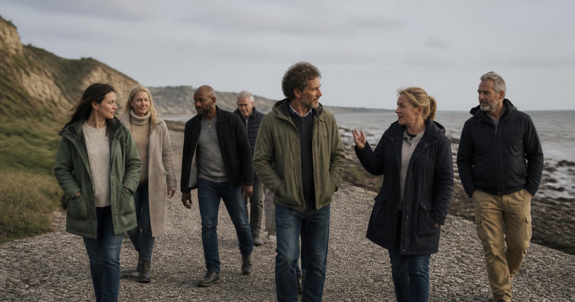 A mixed group walking and talking together on a coastal path