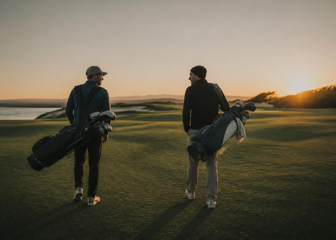 Two people walking a golf fairway at dusk