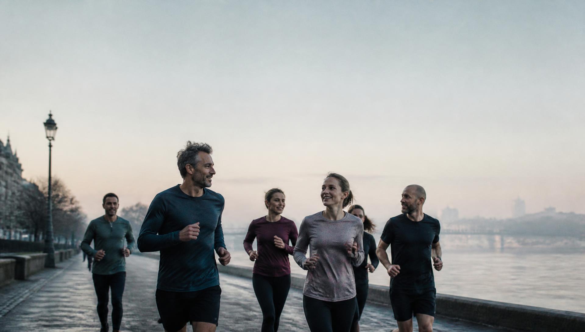 A small group running together along a riverside path at first light