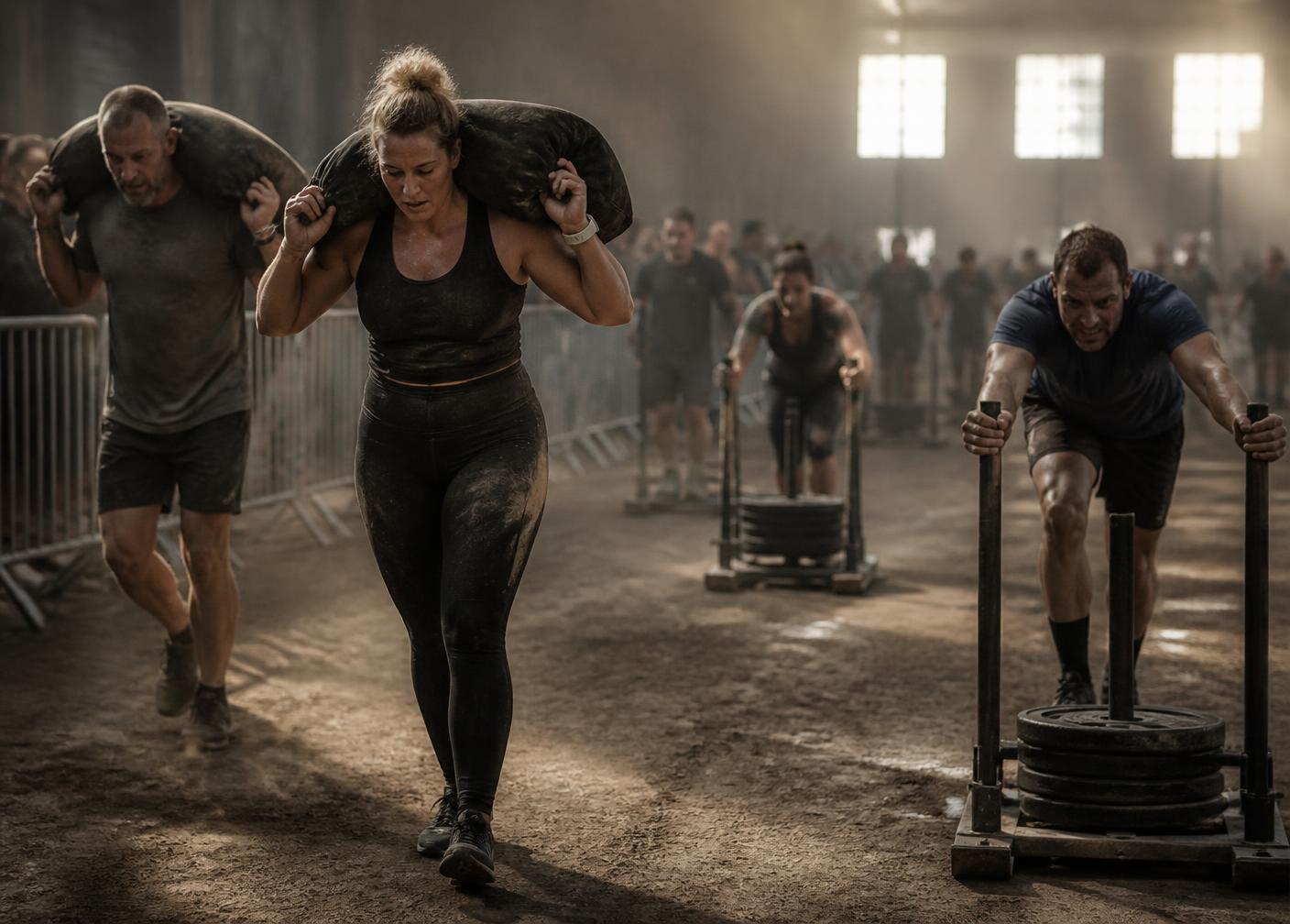 Adults of mixed ages carrying sandbags and pushing sleds in a functional fitness session