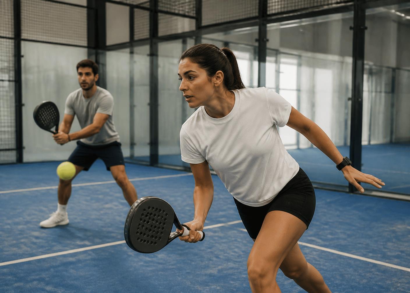 Two people playing padel on an indoor court