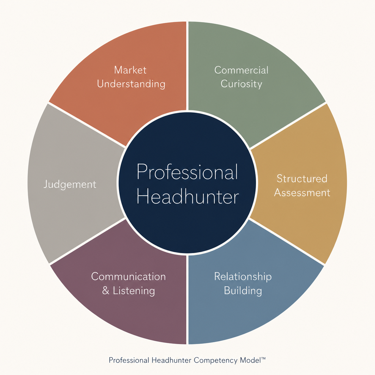 Circular competency model with 'Professional Headhunter' at the centre and six equal segments radiating outward: Market Understanding, Commercial Curiosity, Structured Assessment, Relationship Building, Communication & Listening, and Judgement. The caption reads 'Professional Headhunter Competency Model'.