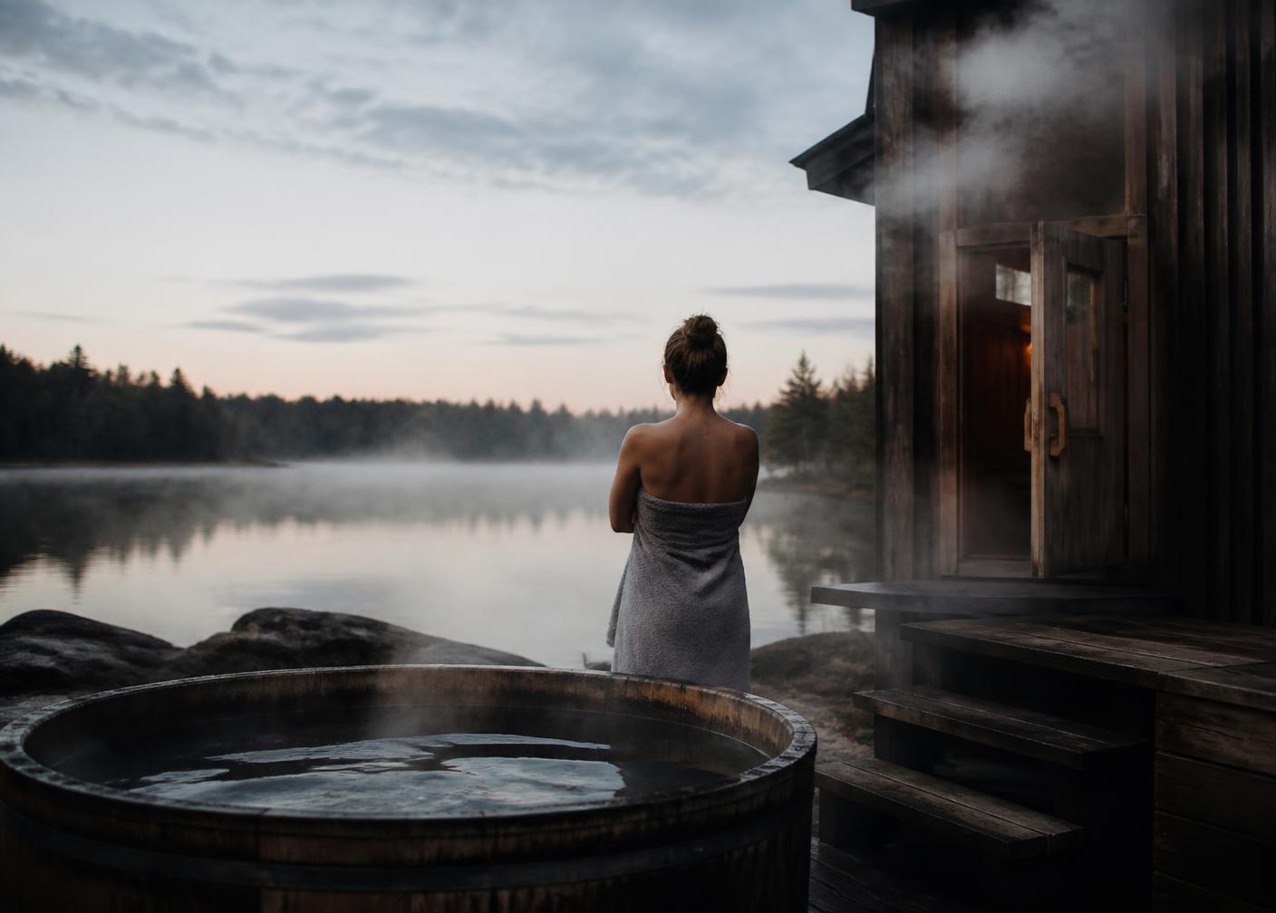 Steam rising from an outdoor sauna and cold plunge beside a lake at dawn