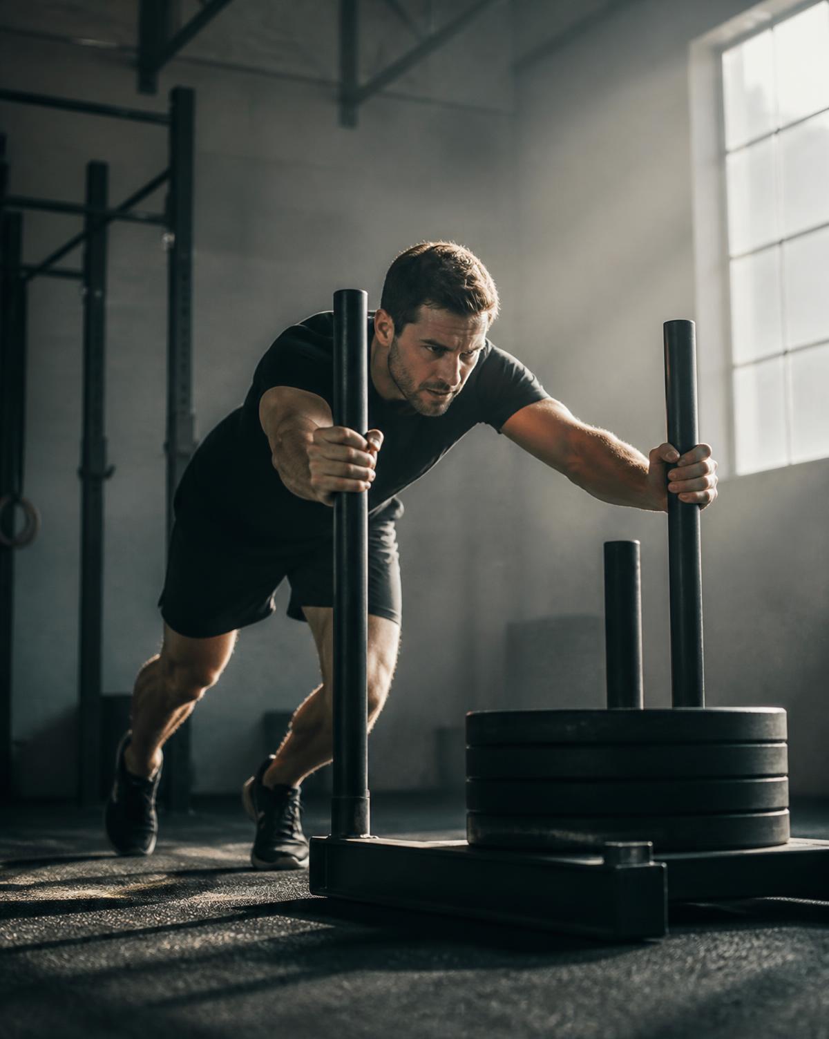 Sam mid sled push during a training session